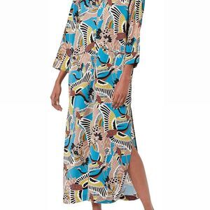 NWT TEREA 3x Blue and multi-colored bird maxi dress with leg slits